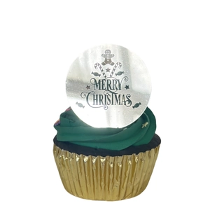 Silver mirror acrylic Merry Christmas cupcake topper with gingerbread man and candy cane