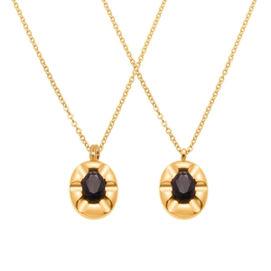 Gold stainless steel oval necklace with black zircon pendant in minimalist vintage style