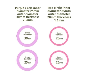 Size chart showing dimensions for purple and red rolling pin guide rings in millimeters