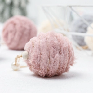 Pink felt pom pom hanging ornament with pearl bead and jute twine for Christmas tree decor
