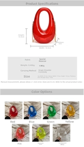 Detailed size chart for acrylic clutch bag showing 18.5cm width and crossbody chain dimensions