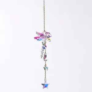 Handmade dragonfly crystal suncatcher with AB coating and star pendant for garden decor