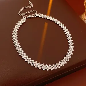 Choker Necklace Triple Row Sparkly Rhinestone Copper Clavicle Chain Adjustable For Women Elegant Luxury Accessory
