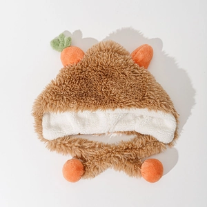 Chapeau d'hiver marron en peluche avec motif carotte et doublure douce en polaire