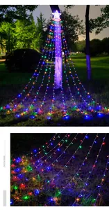 Detail of colorful LED star waterfall lights with multiple strings for garden decoration