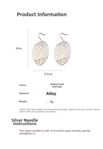 Hollow leaf tassel earrings detail showing dimensions of 6cm x 3.2cm in alloy mesh