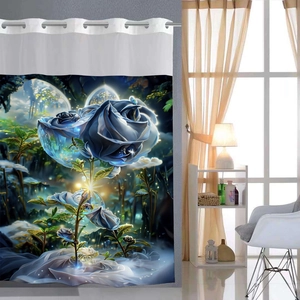 Close-up of the glowing blue rose print on a waterproof waffle texture shower curtain