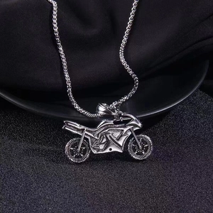 Vintage silver motorcycle pendant necklace with oxidized finish for hip-hop punk style