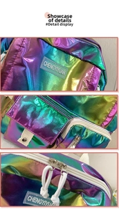Detail view of colorful laser fabric texture and metallic buckles on the holographic backpack