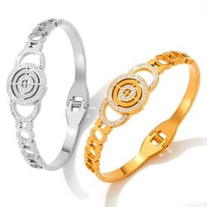 Minimalist gold and silver hollow bangle with Roman numeral dial and zircon accents