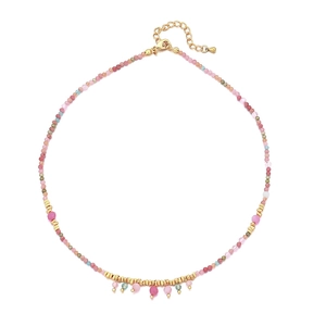 Bohemian colorful natural stone beaded necklace with pink gradient beads and gold clasp