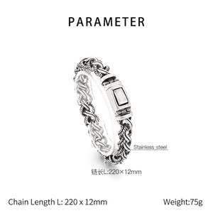 Macro detail of vintage stainless steel woven chain bracelet with press buckle and dimensions