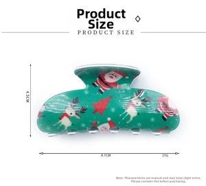 Size chart for green Christmas hair claw clip showing 8.7cm length and 4.5cm height dimensions