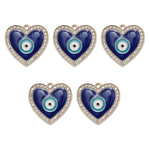 Detailed view of 5 heart-shaped blue evil eye pendants with sparkling white rhinestones