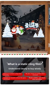 Detailed view of PVC electrostatic Christmas window decals with Santa and snowman patterns
