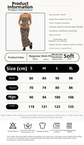 Size chart for leopard print maternity maxi dress showing S to XL dimensions and fabric info