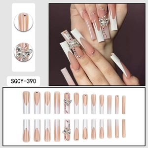 Long Coffin French ombre press-on nails with silver alloy bows and sparkling AB rhinestones