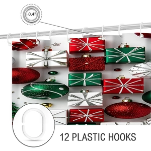 Detail of 12 plastic hooks and 0.4-inch metal grommets on Christmas shower curtain