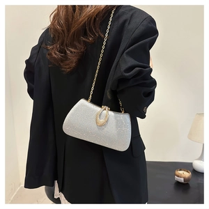 Silver glitter evening bag with horseshoe rhinestone buckle and gold chain strap on model