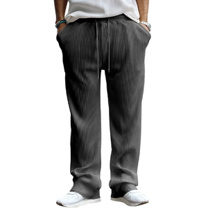Men's dark gray corduroy wide-leg casual pants with drawstring elastic waist and striped texture