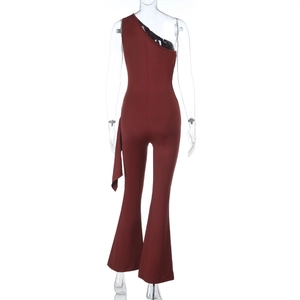 Back view of slim fit dark red one-shoulder jumpsuit with asymmetric ribbon detail
