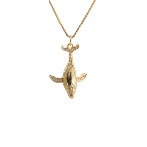 Golden dolphin pendant necklace with zircon accents on a minimalist metal chain