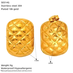 Detail of 18k gold plated stainless steel geometric earrings with size and material specs