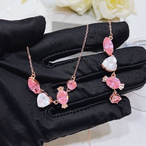 Rose Gold Candy Cube Heart Rhinestone Necklace Adjustable Bracelet Bangle Stud Earrings For Women Fashion Jewelry Gift