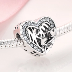 S925 sterling silver heart charm with MOM cutout and rose design for bracelets