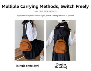 Detailed view of caramel corduroy mini backpack showing single and double shoulder strap options