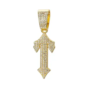 Hip hop gold plated gothic T pendant necklace with sparkling rhinestones for men