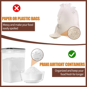 Comparison showing airtight plastic containers keep flour organized and fresh versus messy bags