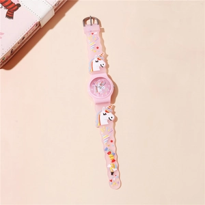Pink unicorn kids quartz watch with flexible patterned strap and analog numeric dial