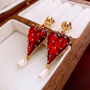 Vintage Heart Artificial Pearl Earrings With Silver Earring Post Red Enamel Gold Plated Baroque Drop Jewelry For Women