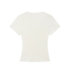 Detail of white soft-touch scoop neck short sleeve tee showing smooth fabric texture