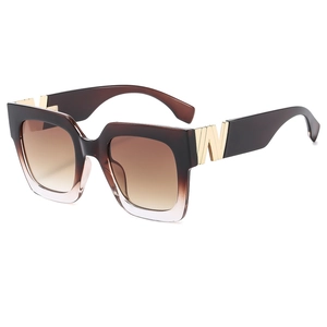 Retro square oversized sunglasses in gradient brown with golden metal W-shaped temple detail