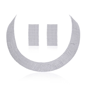Elegant silver bridal jewelry set with sparkling crystal choker necklace and rectangle earrings