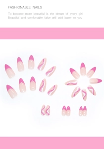 French tip press-on nails set in long almond shape with pink wave pattern and glossy finish
