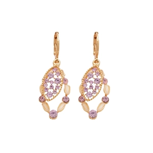 Vintage rose gold oval drop earrings with pink purple crystals and floral diamond design