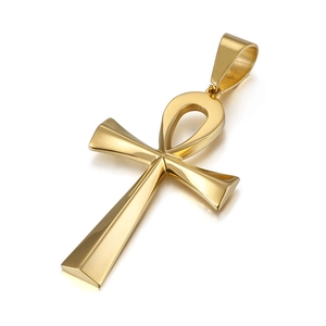 Polished gold stainless steel Egyptian Ankh cross pendant necklace on white background