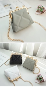 Detail view of quilted mini crossbody bags with gold kiss-lock clasp in three pastel colors