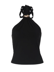 Detail view of a black halter top featuring a gold metallic ring buckle on the neckline