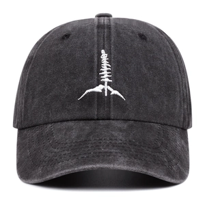 Vintage washed dark grey cotton baseball cap with white mountain and tree embroidery