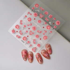 3D relief nail art stickers featuring gradient pink roses and silver leaves model FEB-837