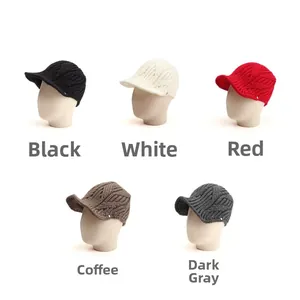 Detailed grid view showing knit peak caps in black, white, red, coffee, and dark grey
