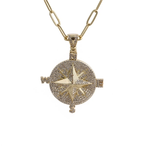Collana a bussola in oro hip hop con micro-pave di zirconi e catena a graffetta