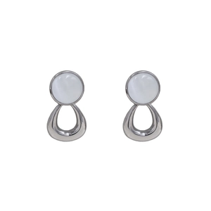 Silver geometric earrings with white cat-eye stone and teardrop hollow pendant