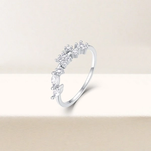 Detail shot of S925 silver ring featuring pave-set round and marquise-cut cubic zirconia