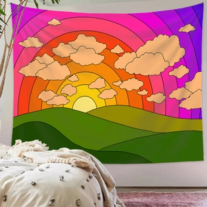 Close-up of a bohemian rainbow sunrise tapestry hanging in a bedroom setting
