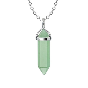 Close-up of green hexagonal crystal pillar pendant with polished silver metal bail